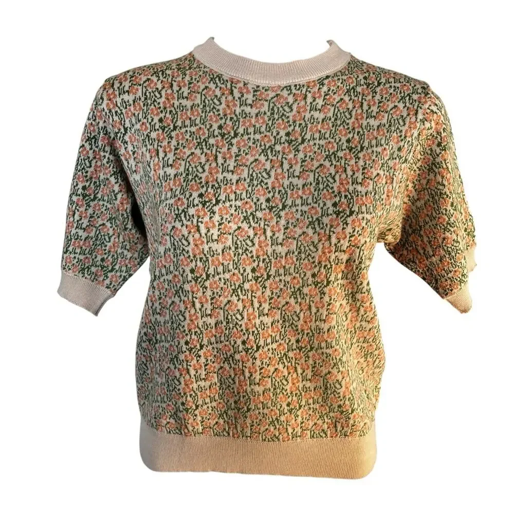 Blush knit green pink floral pattern short sleeve sweater size M
